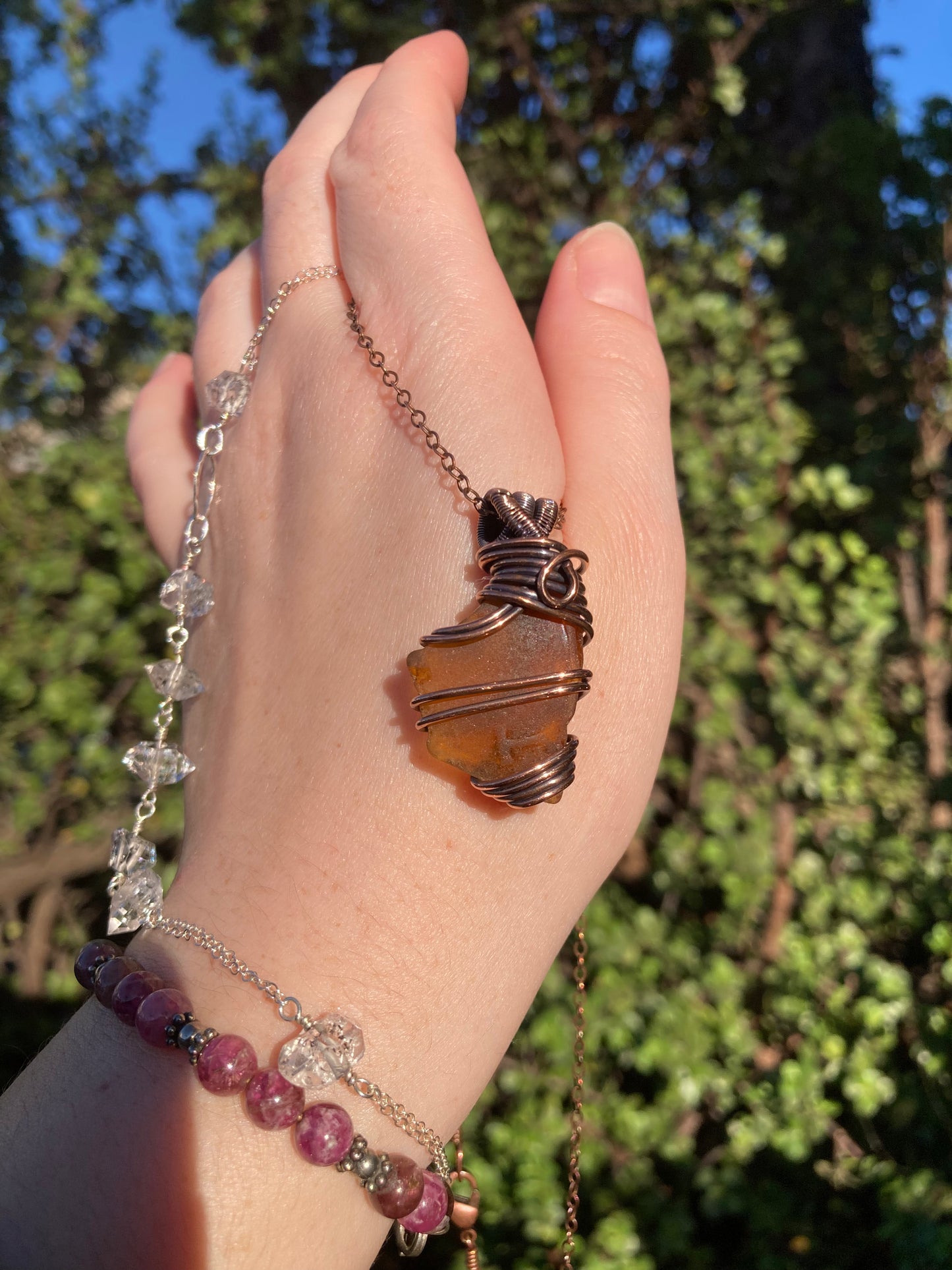 Frosted Brown Sea Glass Copper Wire-Wrapped Pendant