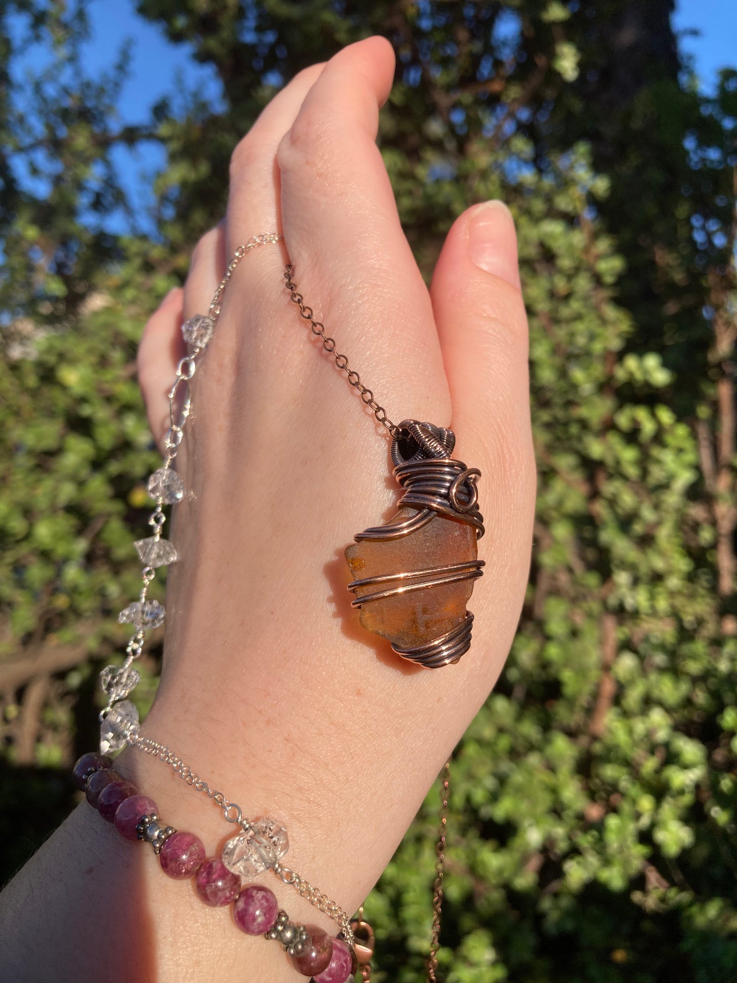 Frosted Brown Sea Glass Copper Wire-Wrapped Pendant
