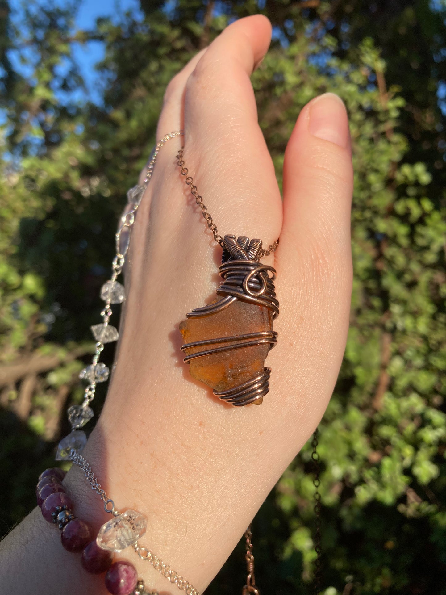 Frosted Brown Sea Glass Copper Wire-Wrapped Pendant