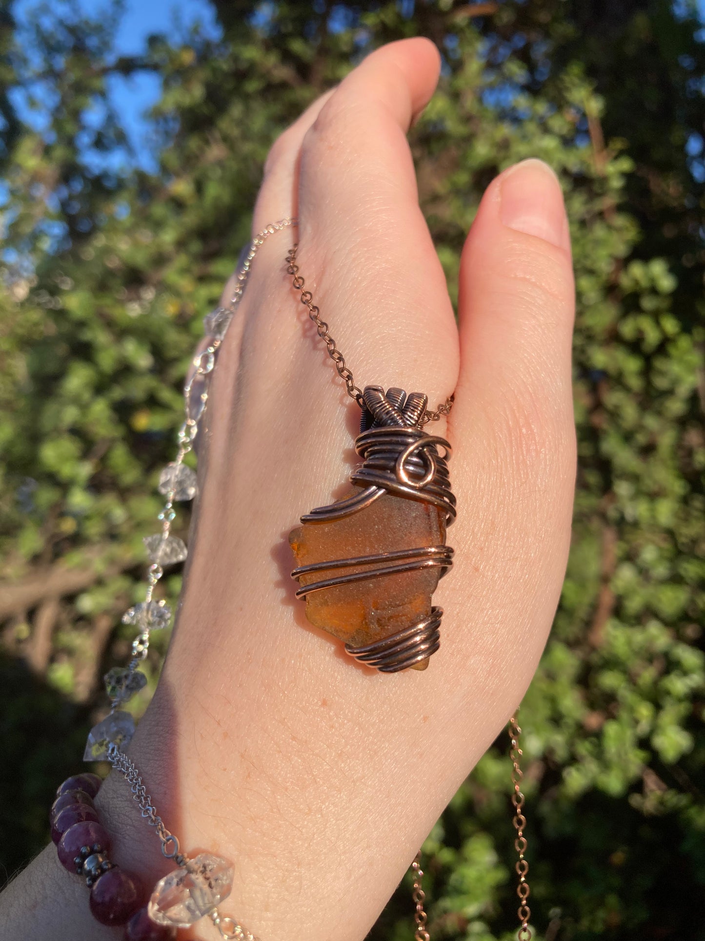 Frosted Brown Sea Glass Copper Wire-Wrapped Pendant