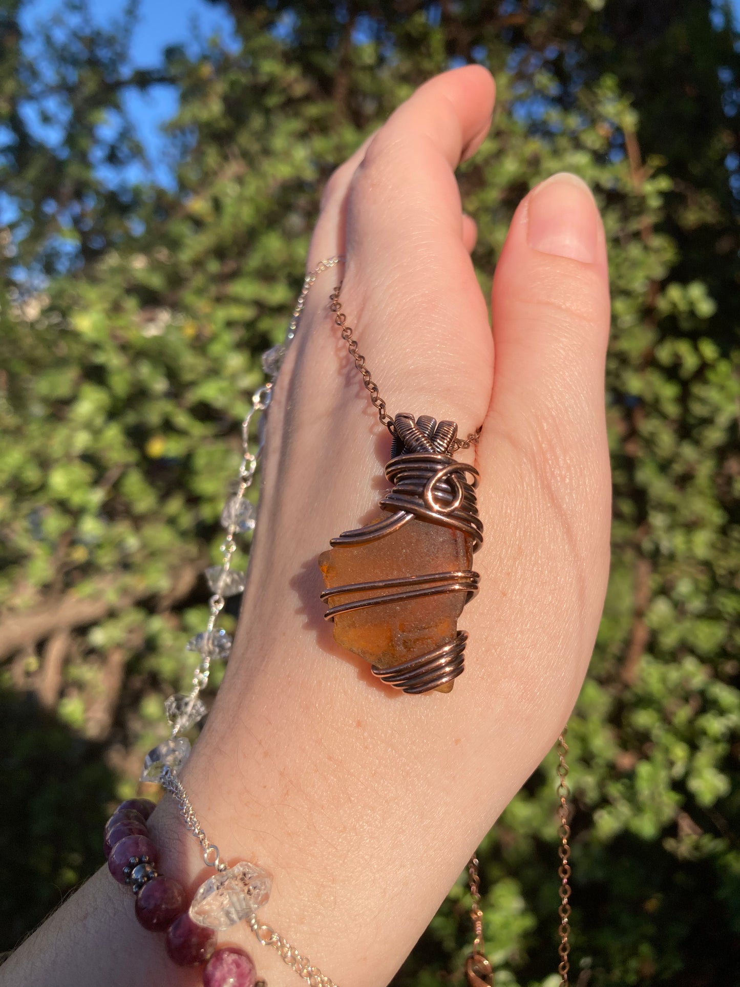 Frosted Brown Sea Glass Copper Wire-Wrapped Pendant