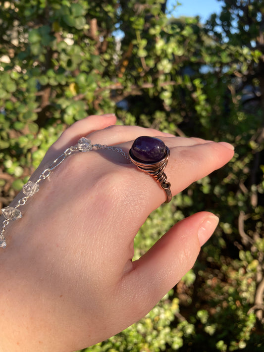 Amethyst Copper Wire-Wrapped Ring | One-of-a-Kind Handmade Gemstone Jewelry