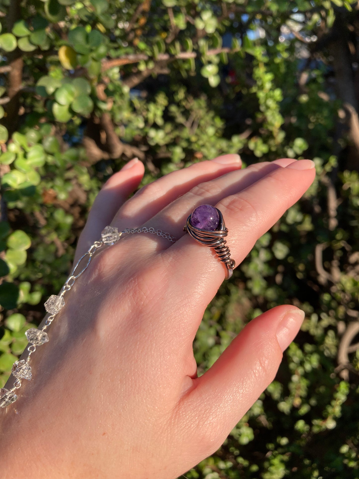 Amethyst Copper Wire-Wrapped Ring | Handmade Purple Gemstone Jewelry
