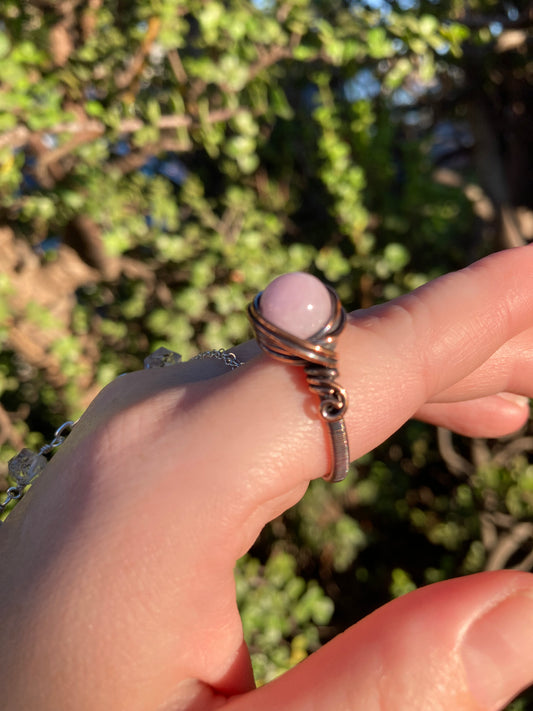Kunzite Copper Wire-Wrapped Ring | One-of-a-Kind Handmade Pink Gemstone Jewelry