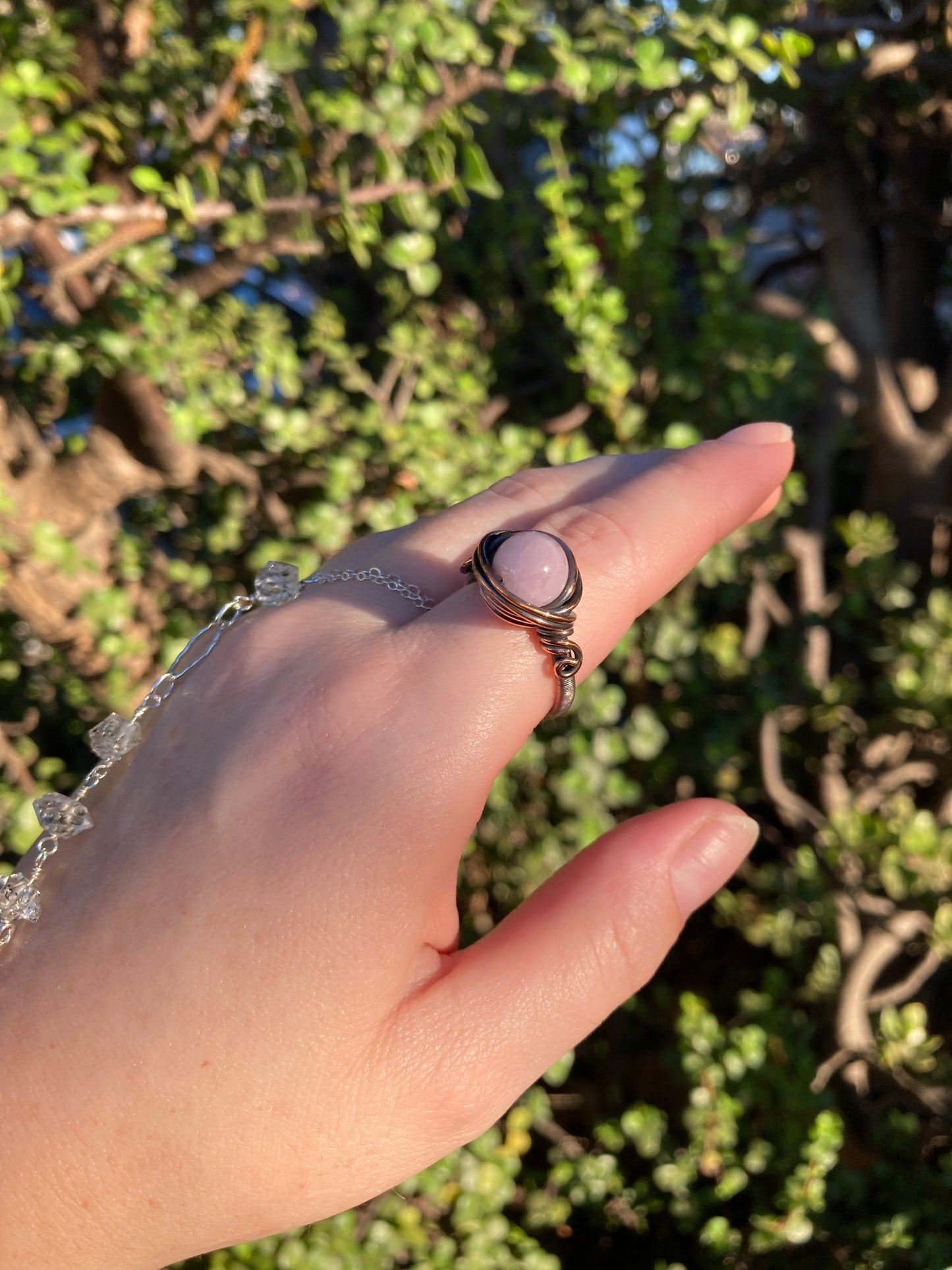 Kunzite Copper Wire-Wrapped Ring | One-of-a-Kind Handmade Pink Gemstone Jewelry