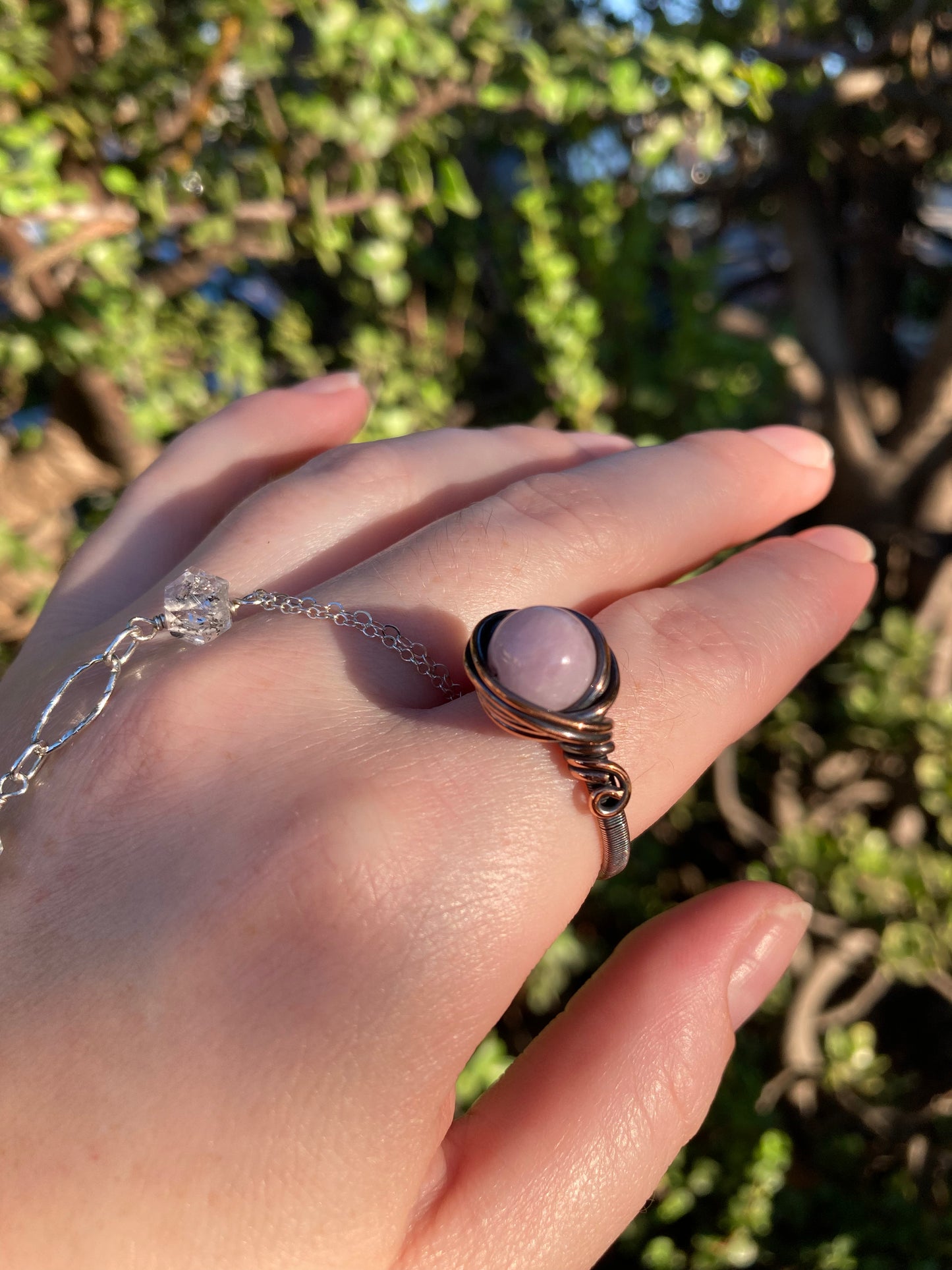 Kunzite Copper Wire-Wrapped Ring | One-of-a-Kind Handmade Pink Gemstone Jewelry