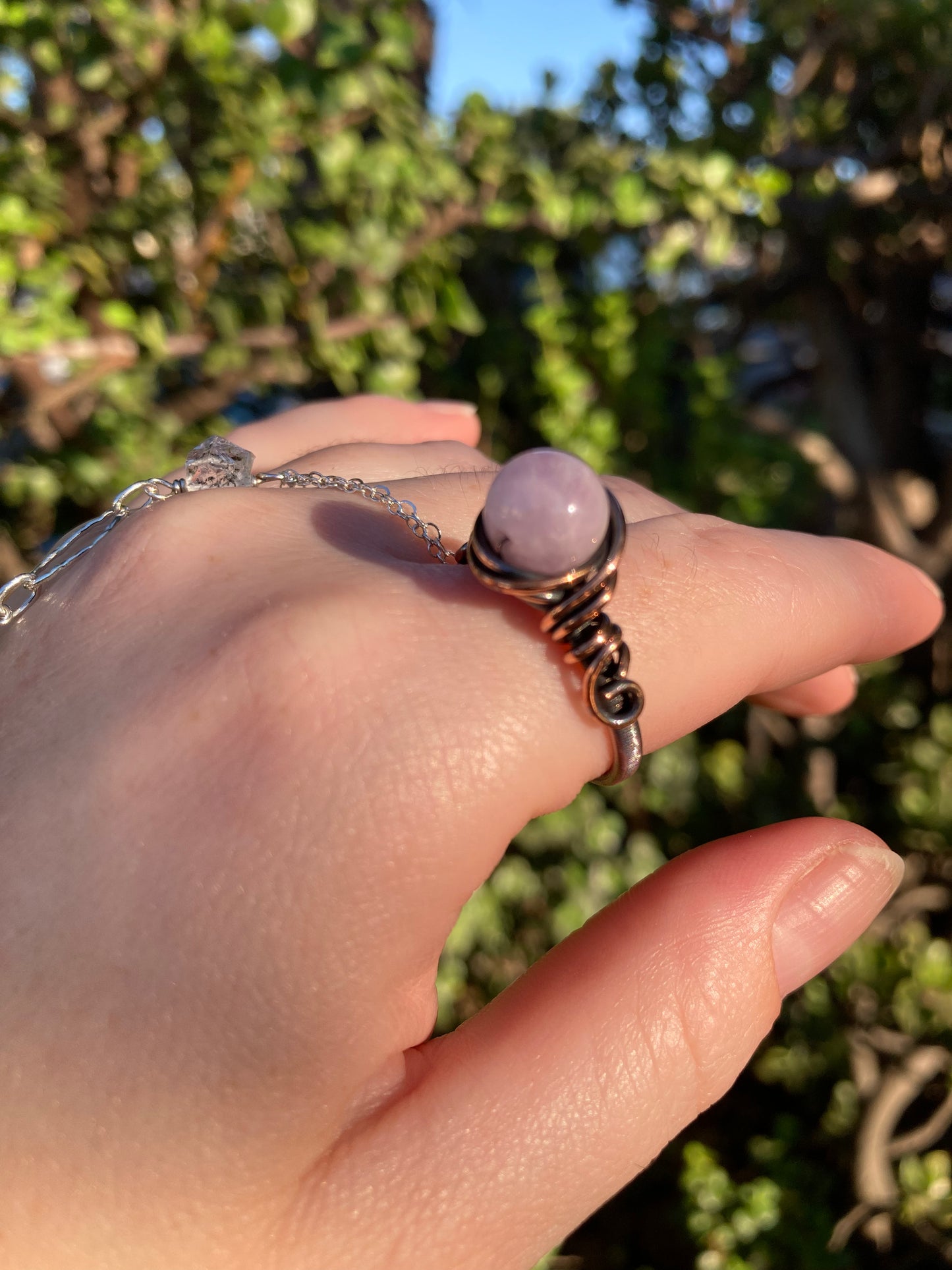 Kunzite Copper Wire-Wrapped Ring | One-of-a-Kind Handmade Pink Gemstone Jewelry