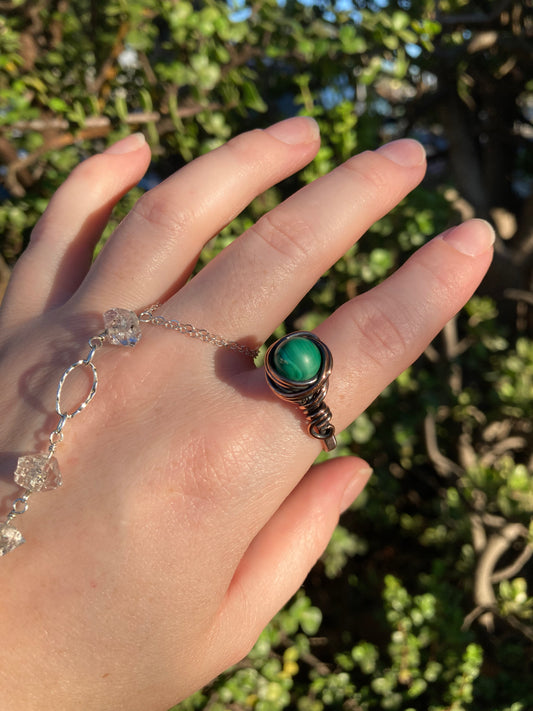 Malachite Copper Wire-Wrapped Ring | One-of-a-Kind Green Gemstone Jewelry