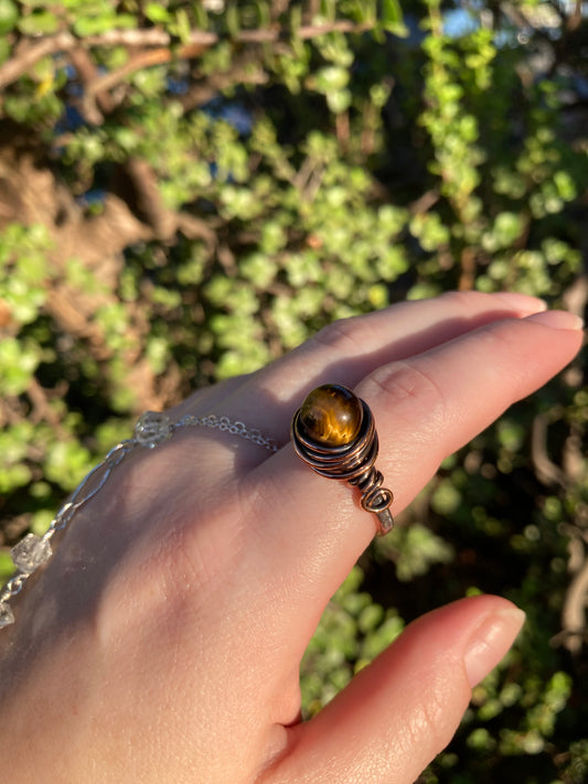 Tiger's Eye Copper Wire-Wrapped Ring | One-of-a-Kind Handmade Gemstone Jewelry