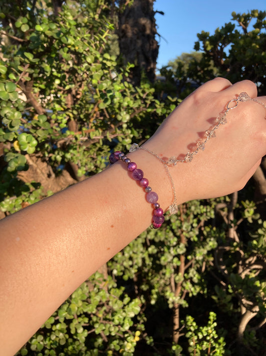 Amethyst, Lepidolite & Purple Freshwater Pearl Sterling Silver Bracelet