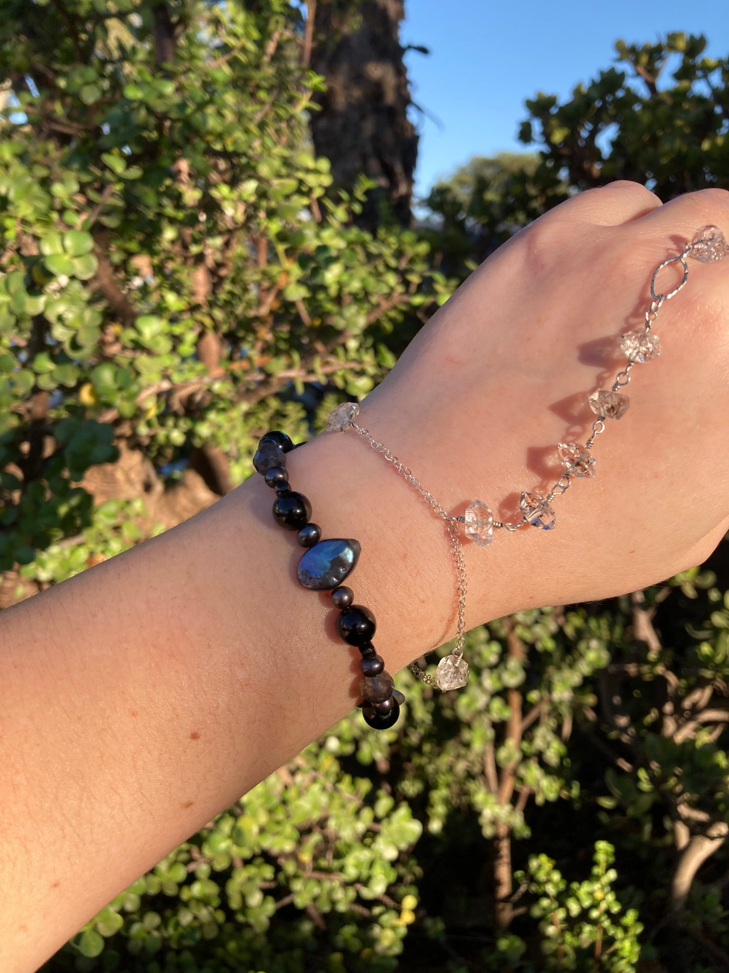 Black Tourmaline, Iolite & Peacock Freshwater Pearl Sterling Silver Bracelet