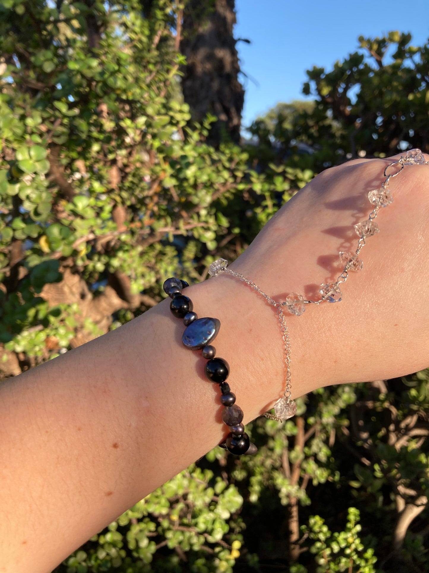 Black Tourmaline, Iolite & Peacock Freshwater Pearl Sterling Silver Bracelet