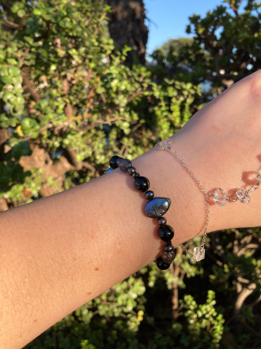 Black Tourmaline, Iolite & Peacock Freshwater Pearl Sterling Silver Bracelet