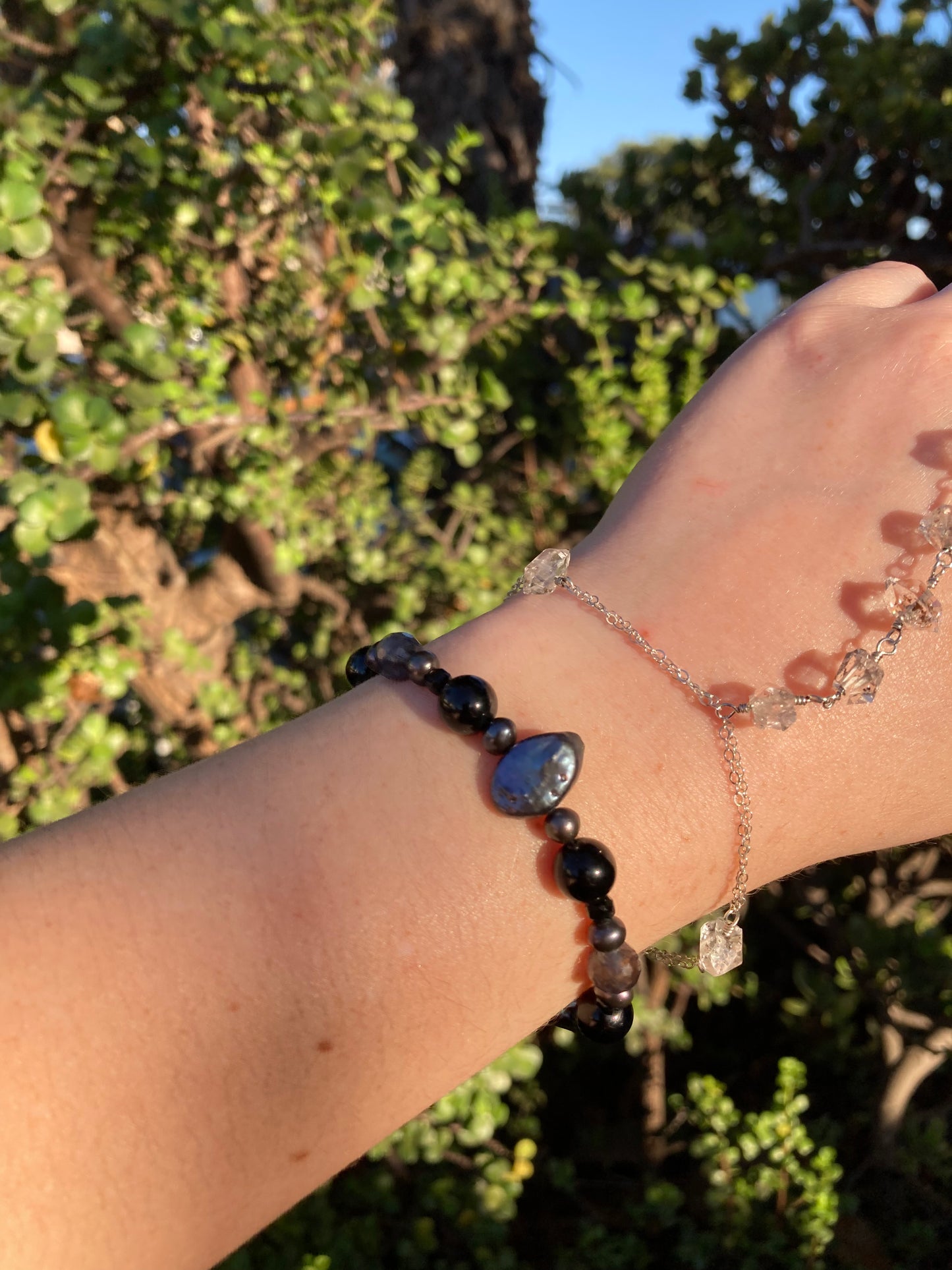 Black Tourmaline, Iolite & Peacock Freshwater Pearl Sterling Silver Bracelet