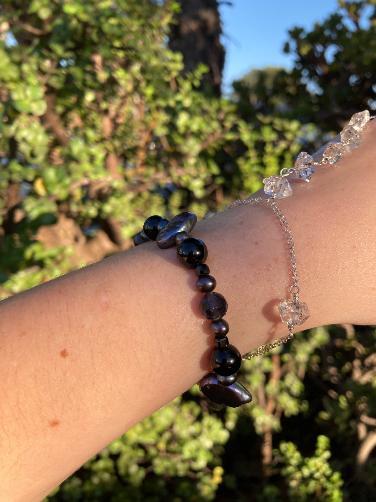 Black Tourmaline, Iolite & Peacock Freshwater Pearl Sterling Silver Bracelet