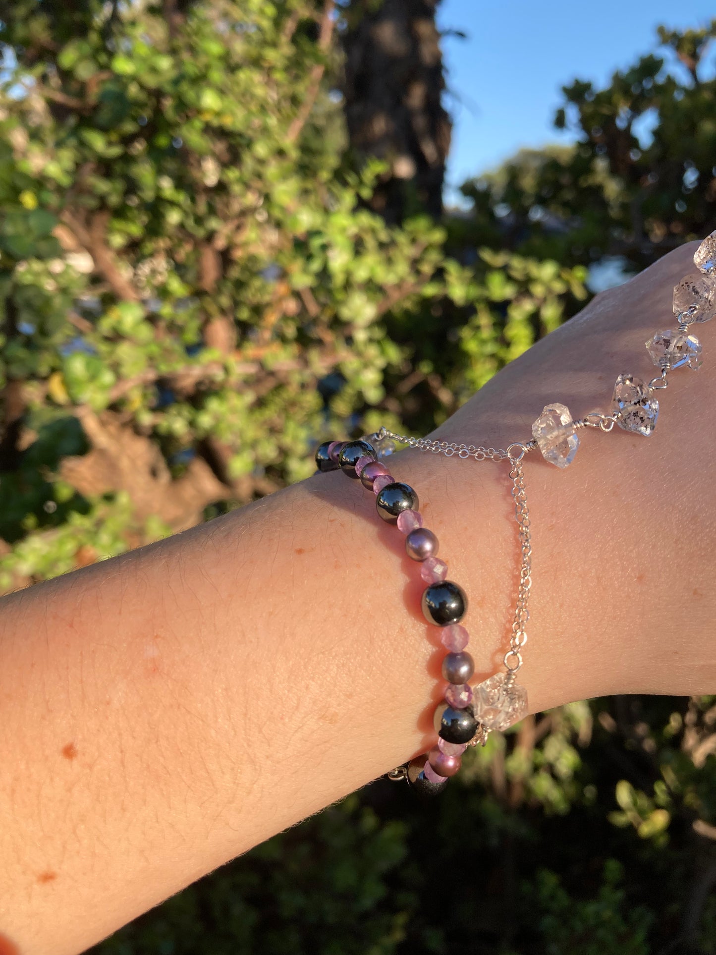 Hematite, Amethyst & Purple Freshwater Pearl Sterling Silver Bracelet – One of a Kind