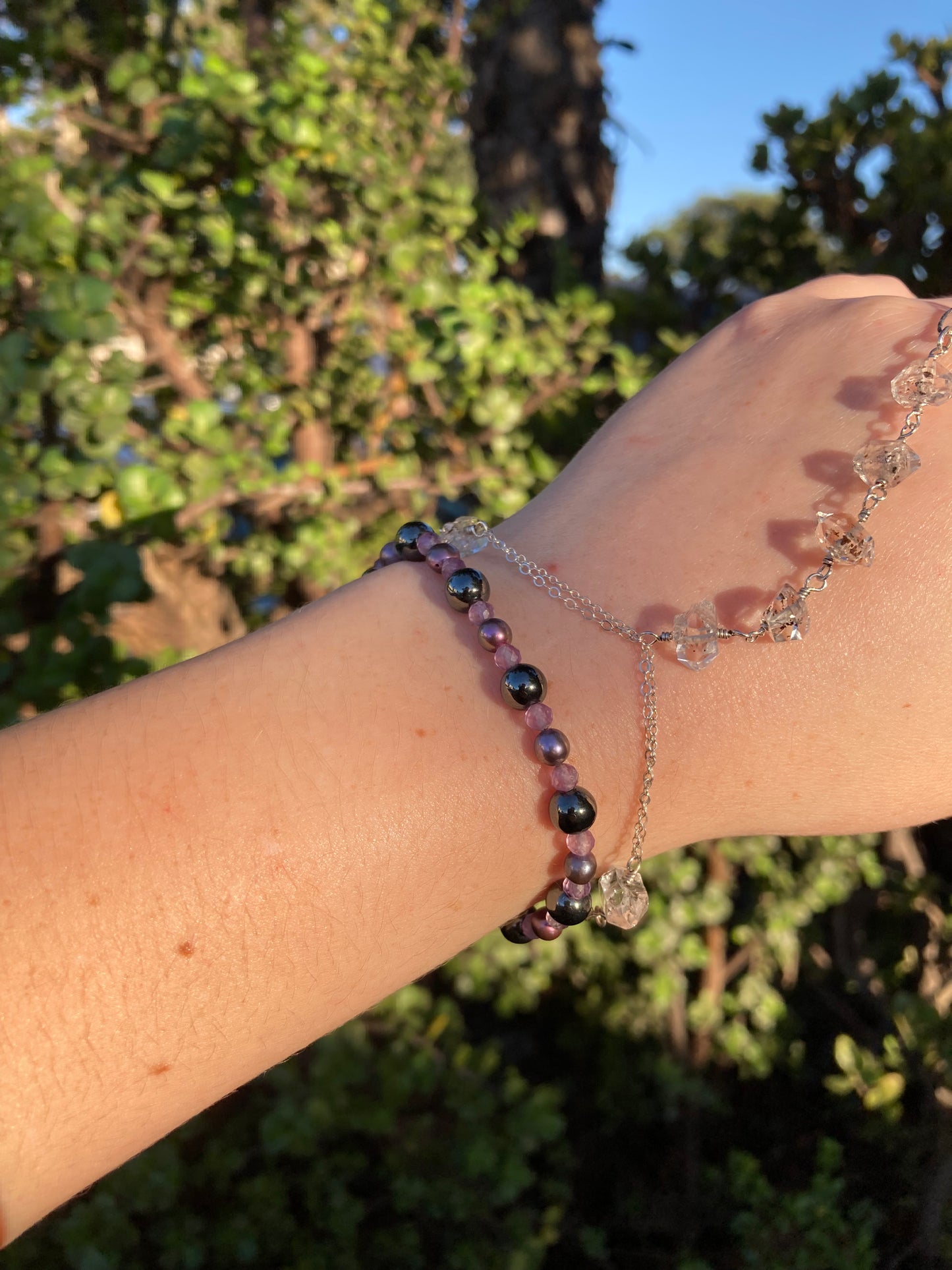 Hematite, Amethyst & Purple Freshwater Pearl Sterling Silver Bracelet – One of a Kind
