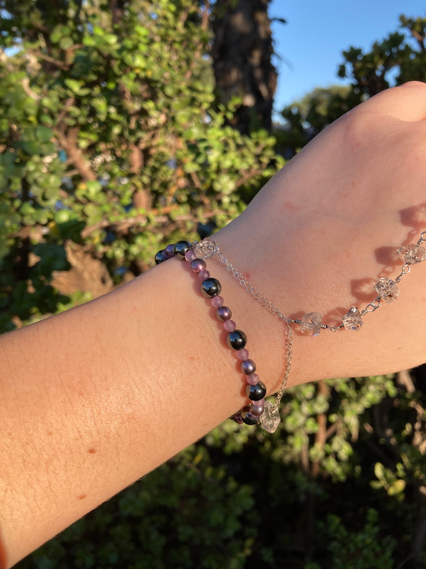 Hematite, Amethyst & Purple Freshwater Pearl Sterling Silver Bracelet – One of a Kind