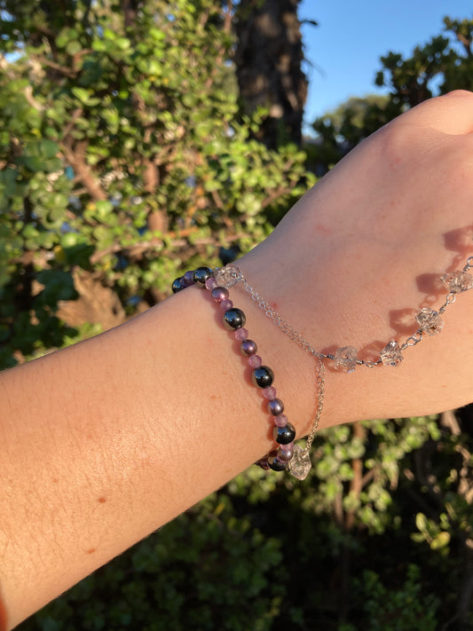 Hematite, Amethyst & Purple Freshwater Pearl Sterling Silver Bracelet – One of a Kind