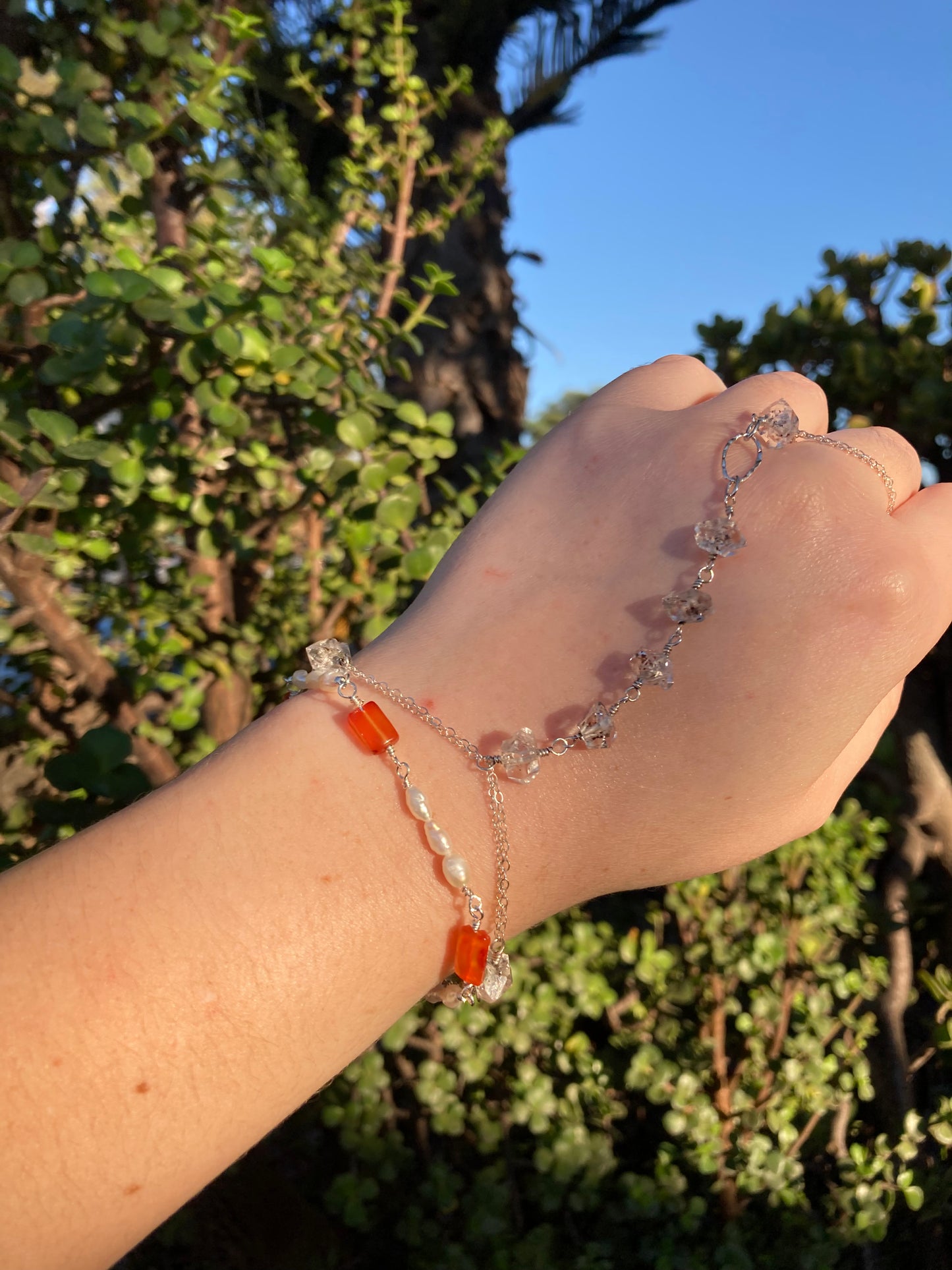 Carnelian & Freshwater Pearl Sterling Silver Wire-Wrapped Bracelet – Handmade Jewelry