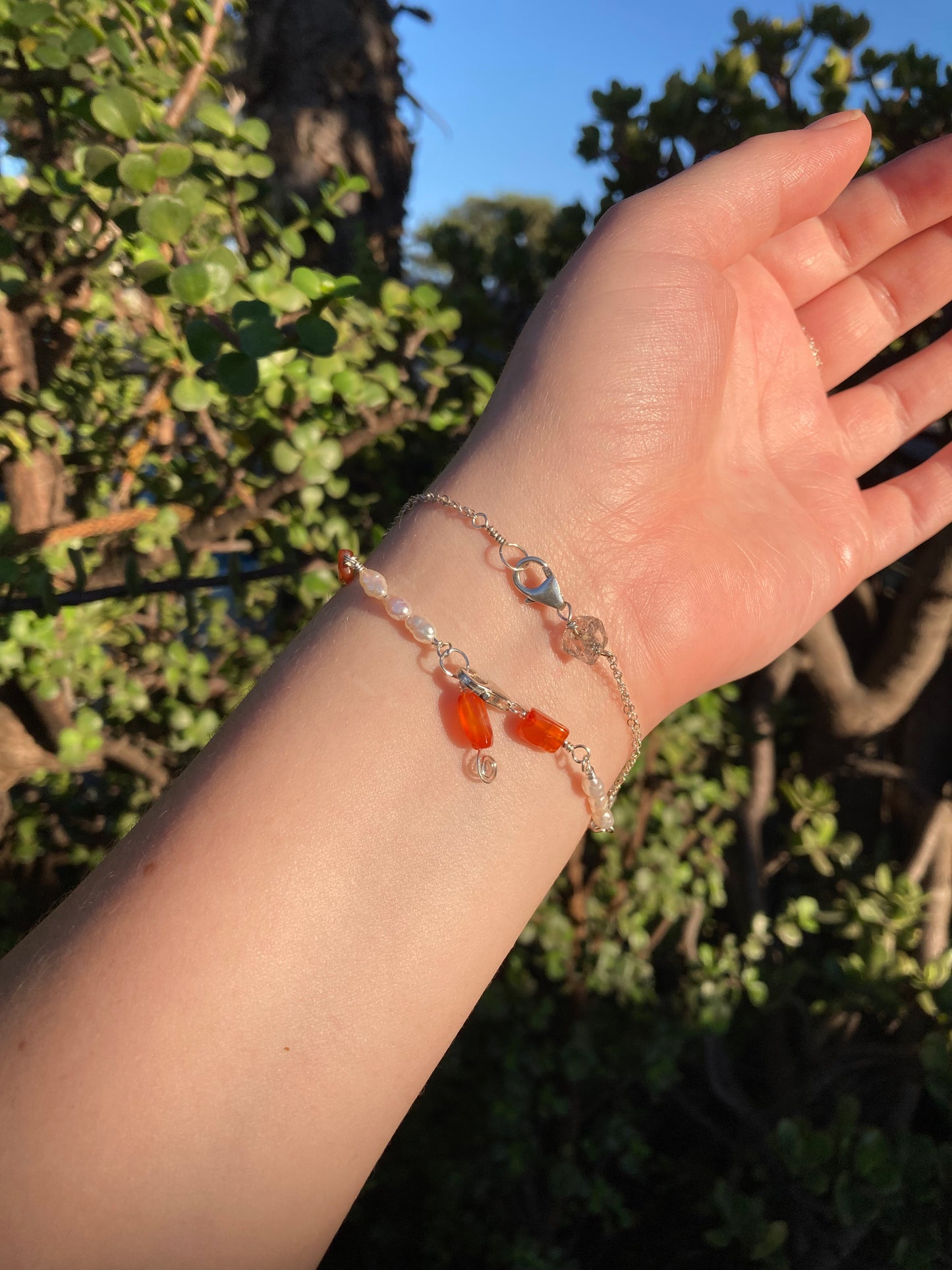 Carnelian & Freshwater Pearl Sterling Silver Wire-Wrapped Bracelet – Handmade Jewelry