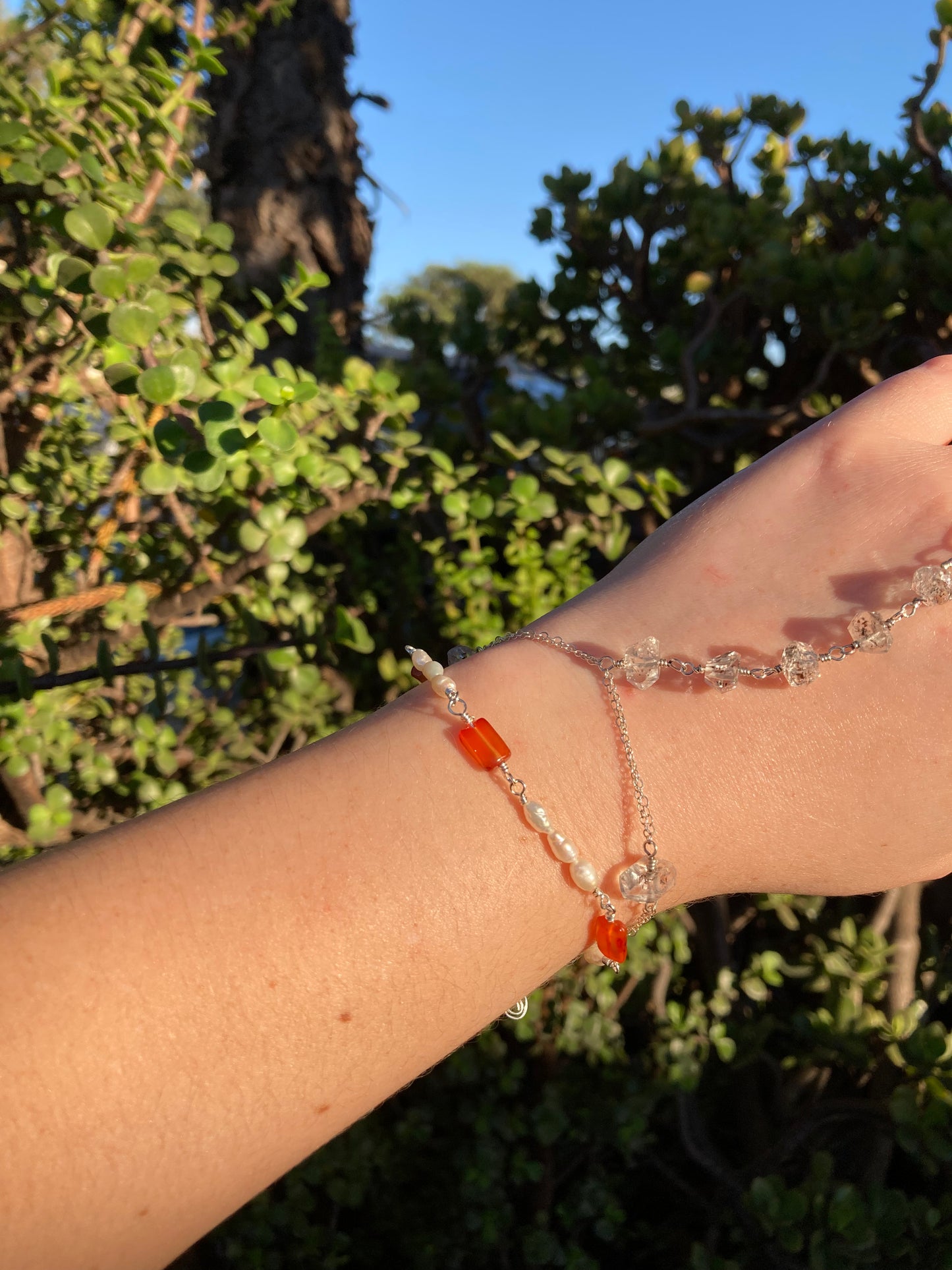 Carnelian & Freshwater Pearl Sterling Silver Wire-Wrapped Bracelet – Handmade Jewelry
