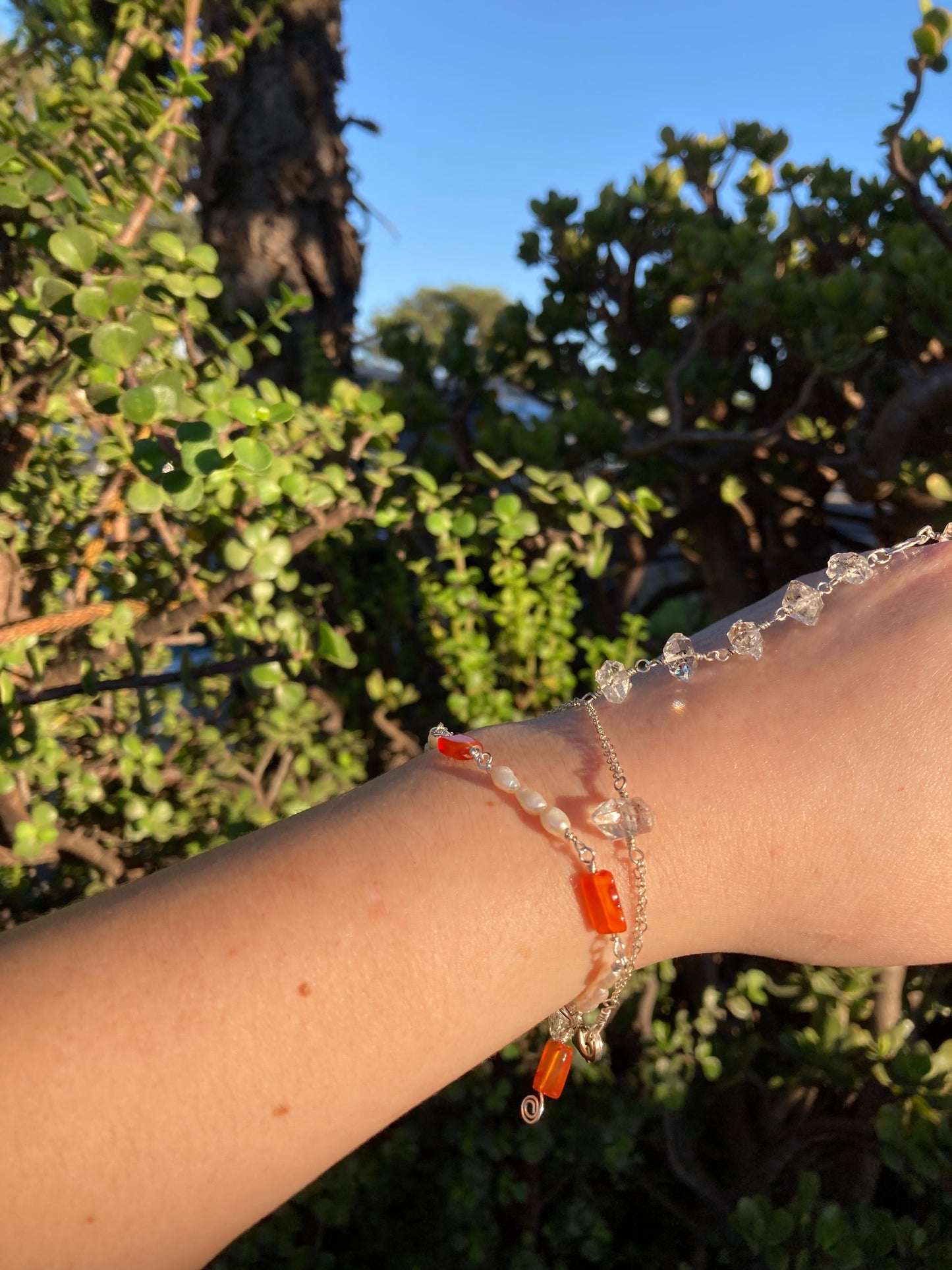 Carnelian & Freshwater Pearl Sterling Silver Wire-Wrapped Bracelet – Handmade Jewelry