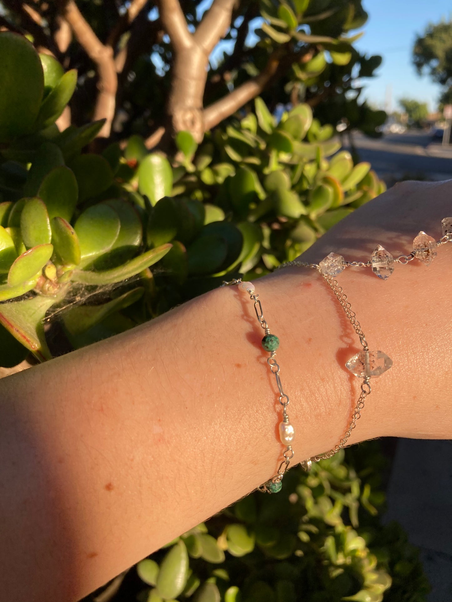 Chrysocolla & Freshwater Pearl Sterling Silver Wire-Wrapped Bracelet