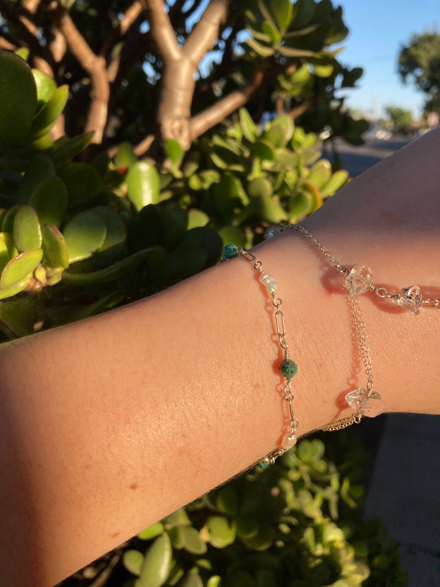 Chrysocolla & Freshwater Pearl Sterling Silver Wire-Wrapped Bracelet