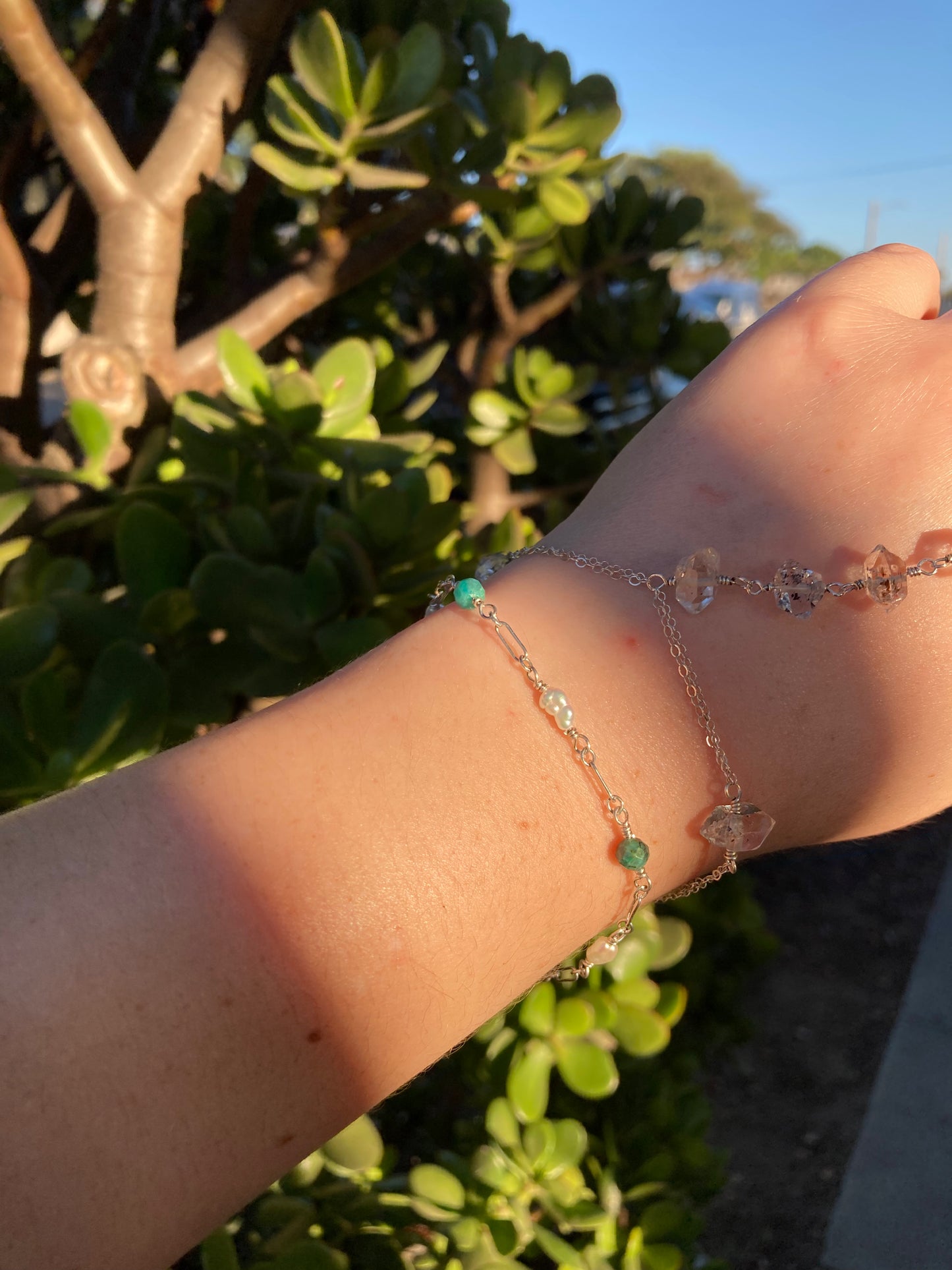 Chrysocolla & Freshwater Pearl Sterling Silver Wire-Wrapped Bracelet