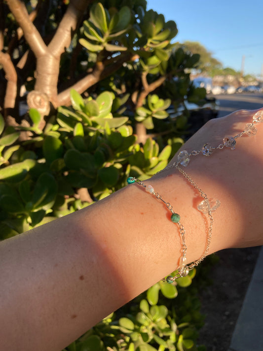 Chrysocolla & Freshwater Pearl Sterling Silver Wire-Wrapped Bracelet