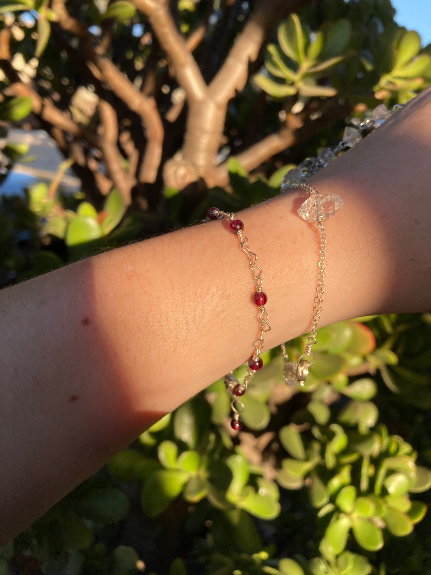 Garnet Sterling Silver Heart Chain Wire-Wrapped Bracelet