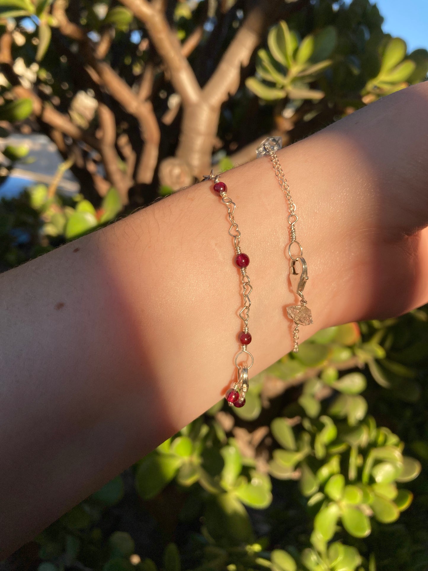 Garnet Sterling Silver Heart Chain Wire-Wrapped Bracelet