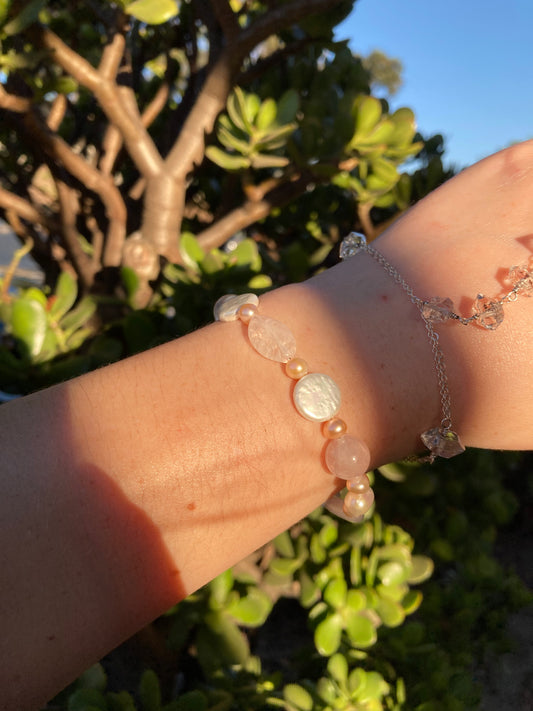 Rose Quartz & Freshwater Pearl Copper Beaded Bracelet | Handmade Gemstone Jewelry