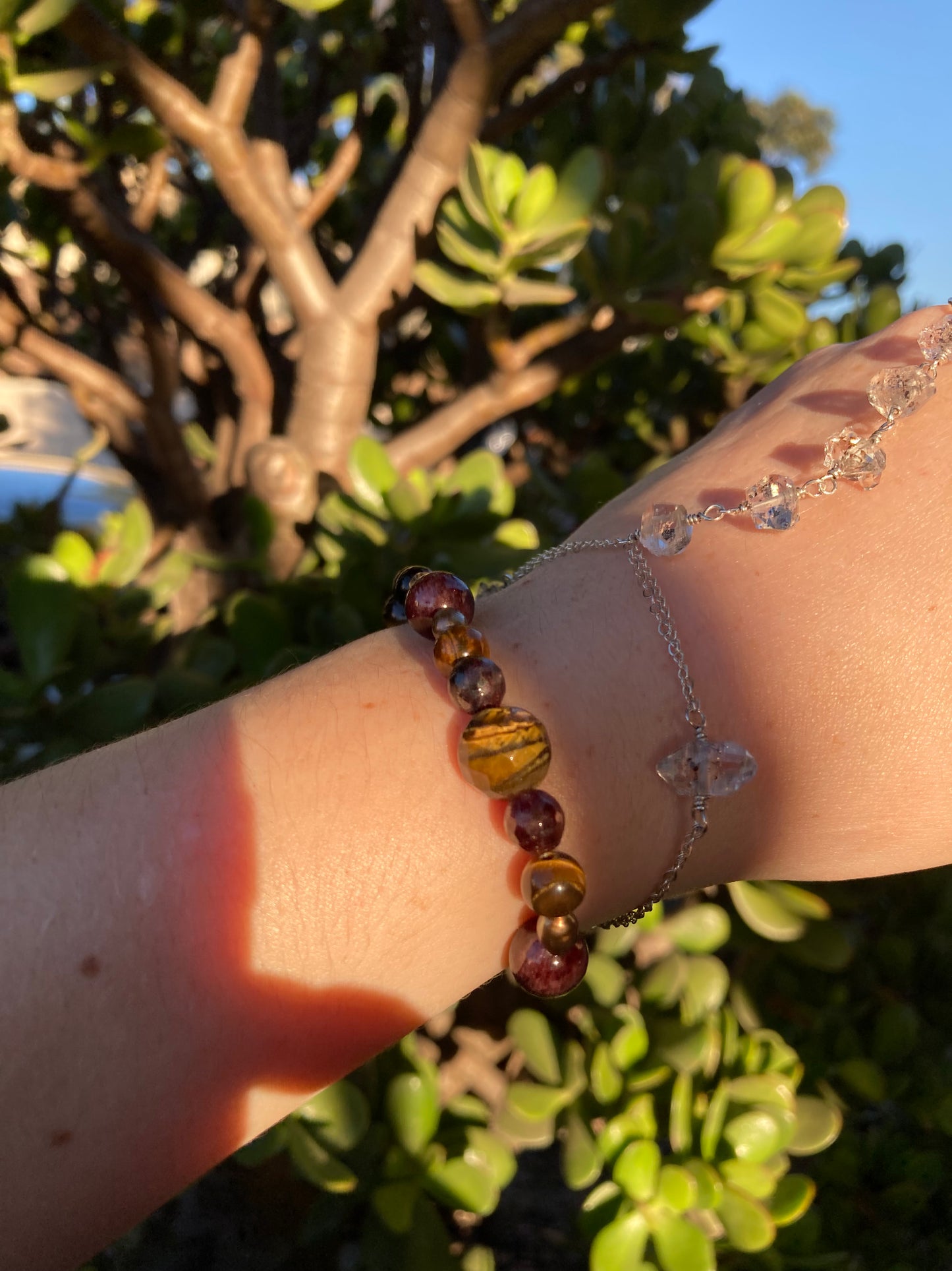 Garnet, Tiger's Eye & Brown Freshwater Pearl Copper Beaded Bracelet