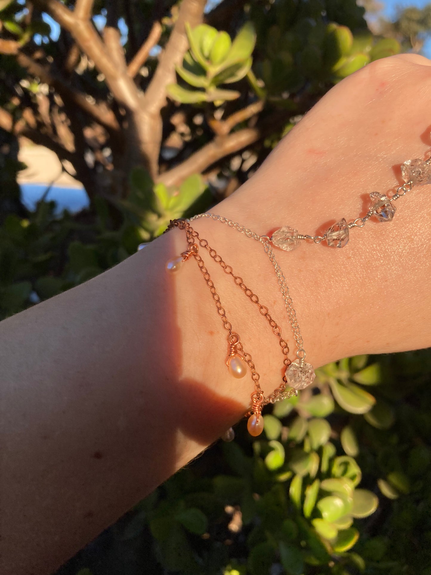 Freshwater Pearl Copper Chain Bracelet | Handmade Wire-Wrapped Pearl Jewelry