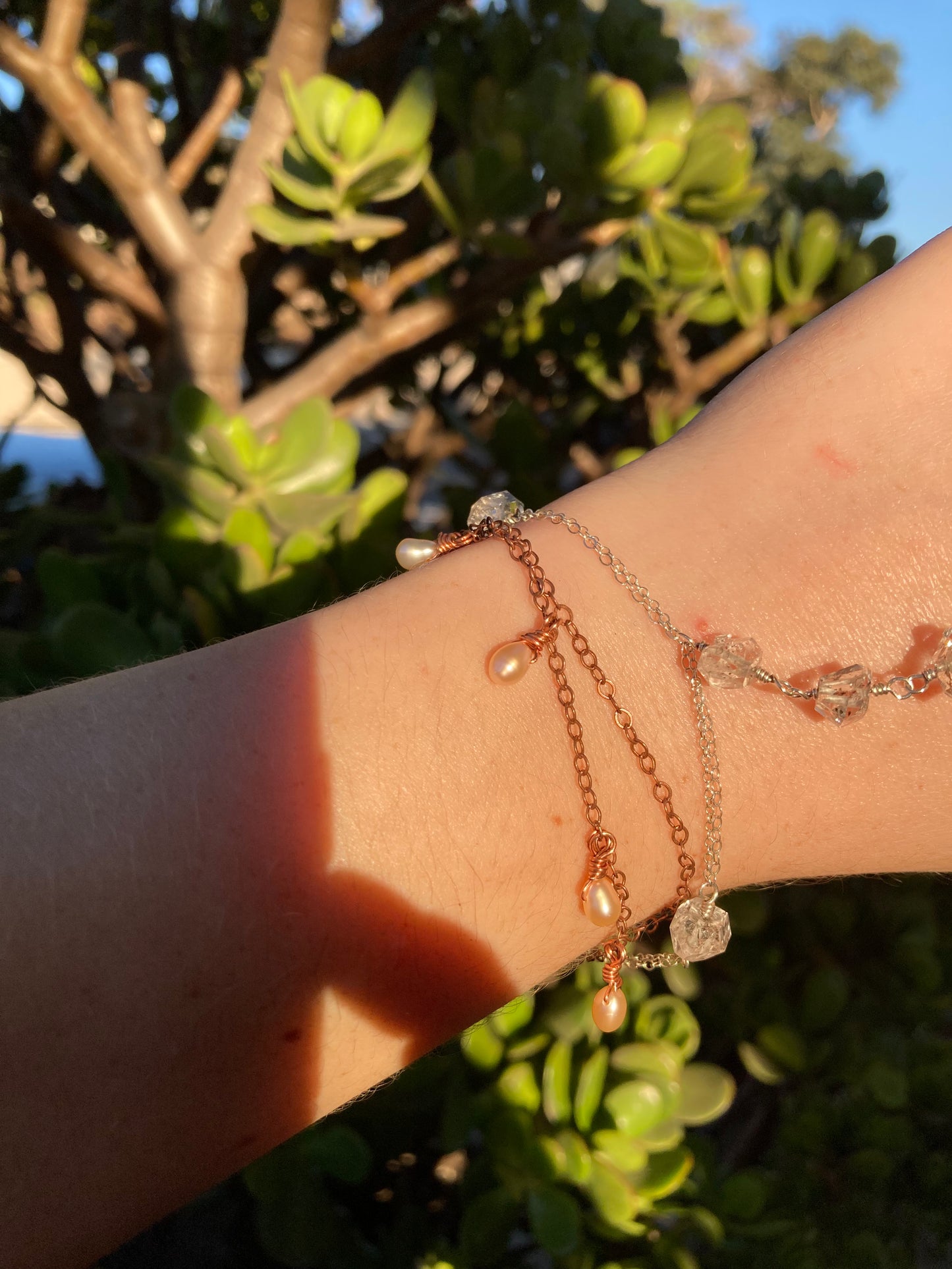 Freshwater Pearl Copper Chain Bracelet | Handmade Wire-Wrapped Pearl Jewelry