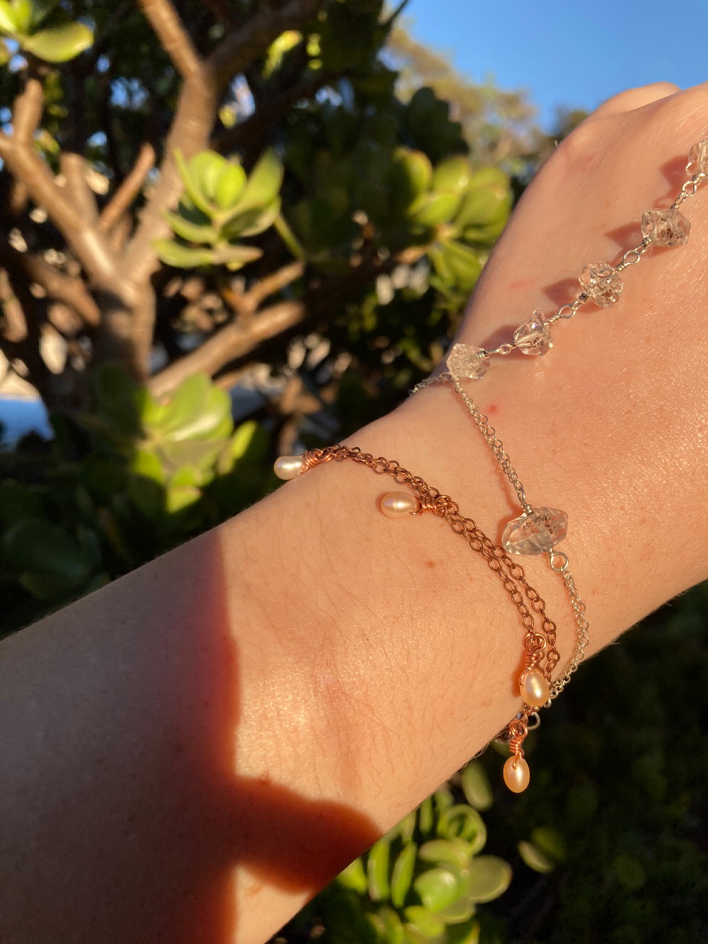 Freshwater Pearl Copper Chain Bracelet | Handmade Wire-Wrapped Pearl Jewelry