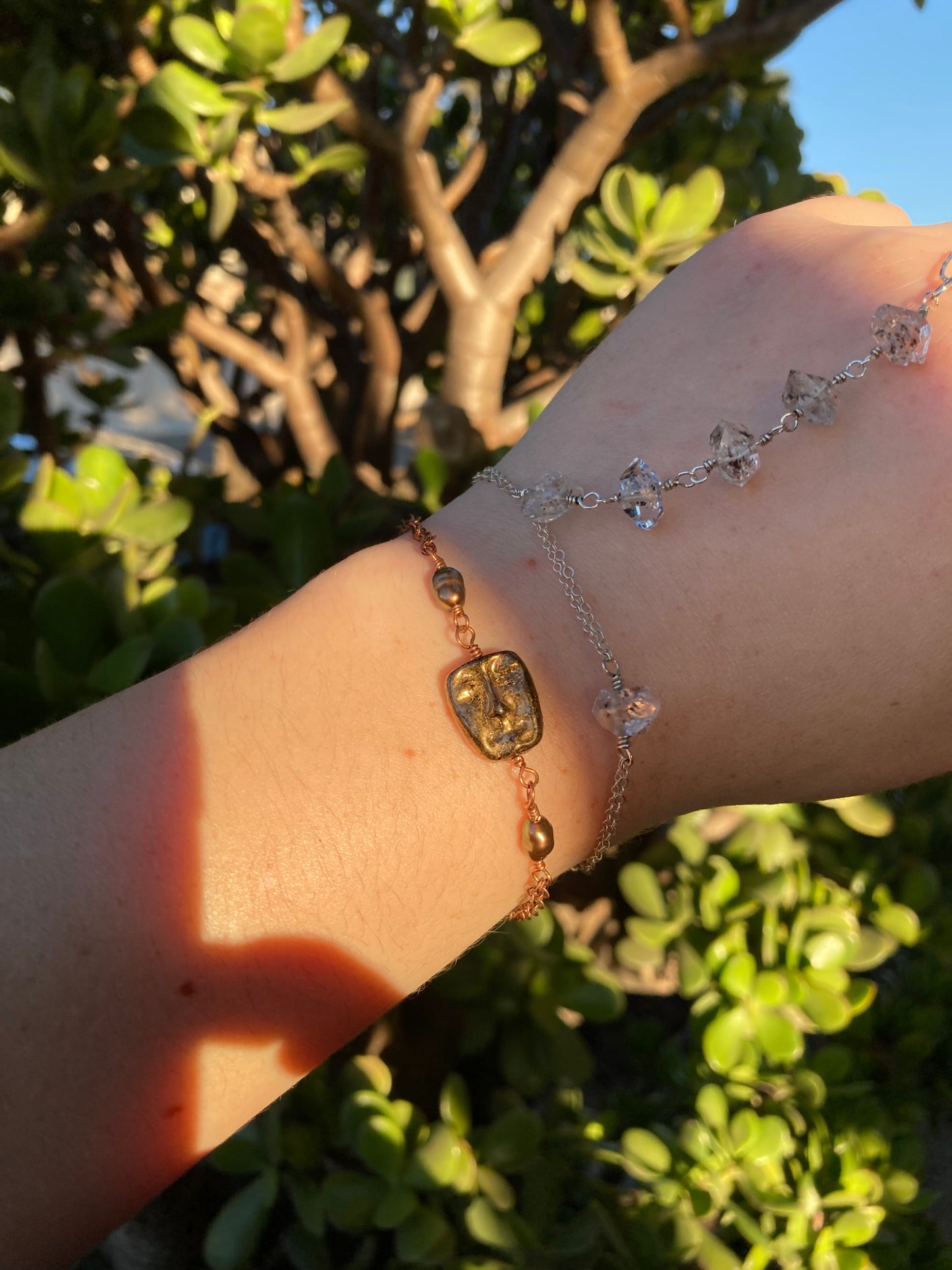 Bronze Freshwater Pearl & Glass Face Bead Copper Bracelet | Handmade Jewelry