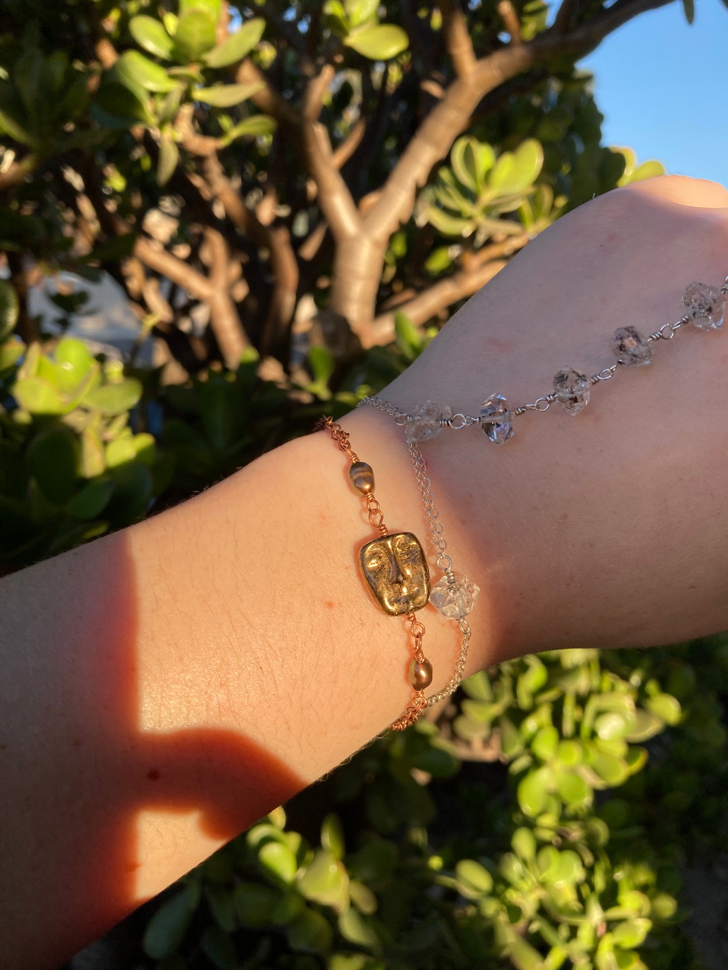 Bronze Freshwater Pearl & Glass Face Bead Copper Bracelet | Handmade Jewelry