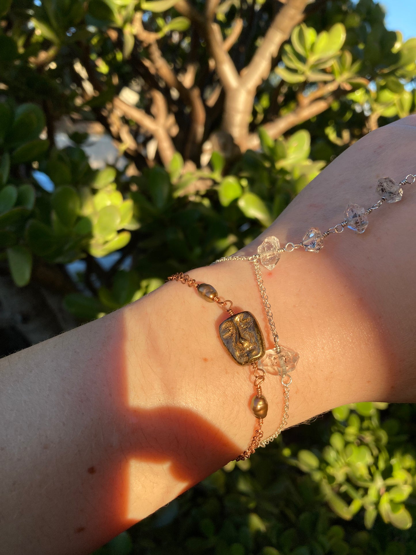 Bronze Freshwater Pearl & Glass Face Bead Copper Bracelet | Handmade Jewelry