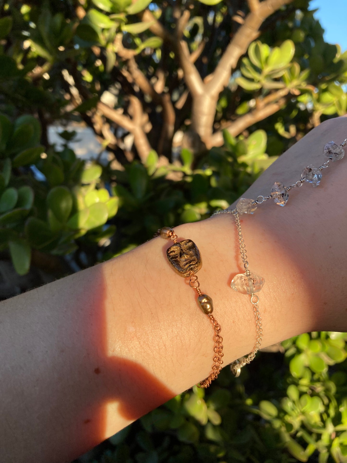 Bronze Freshwater Pearl & Glass Face Bead Copper Bracelet | Handmade Jewelry