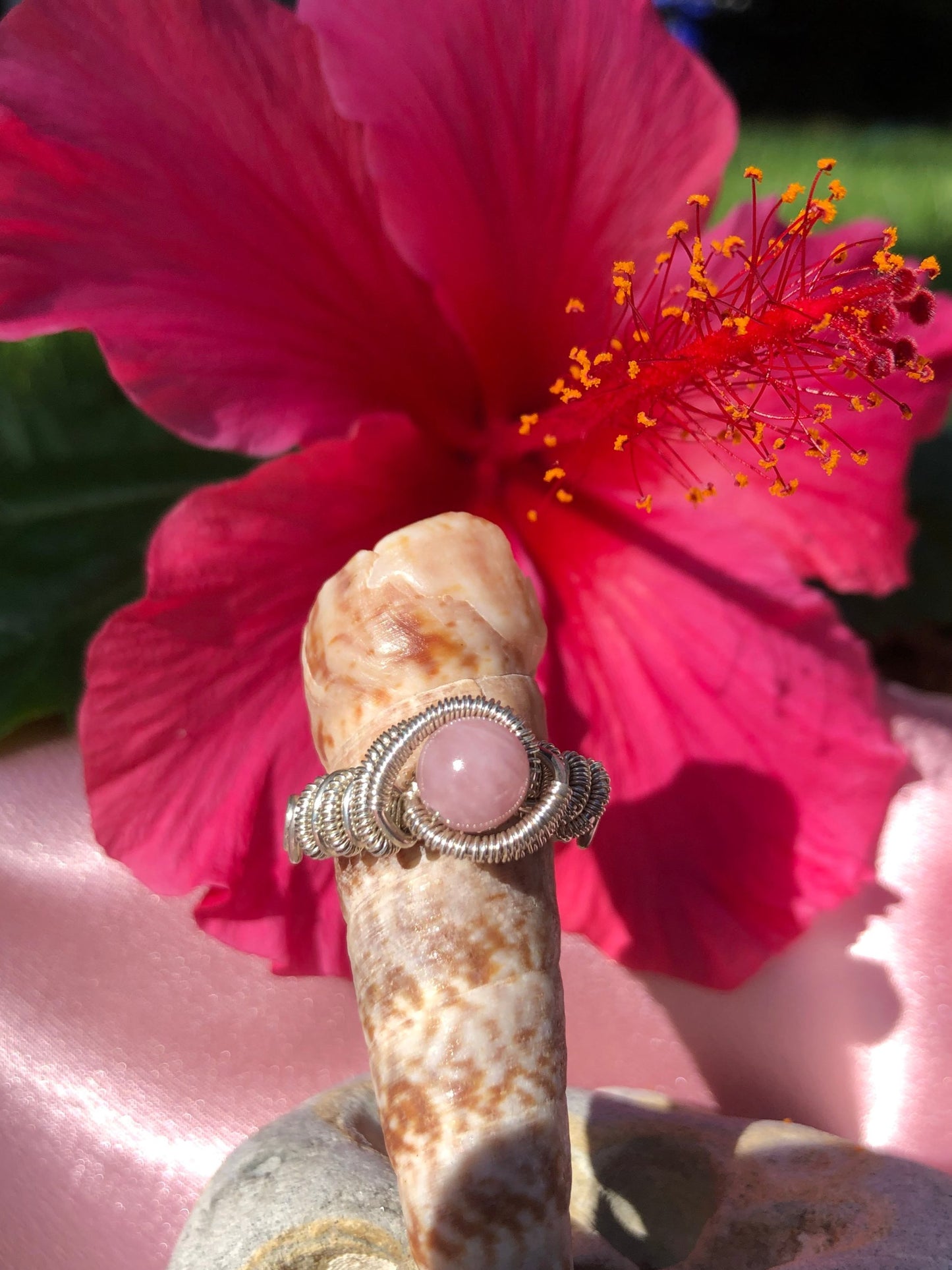 Handcrafted Rose Quartz Wire Wrapped Ring in Sterling Silver - Size 7