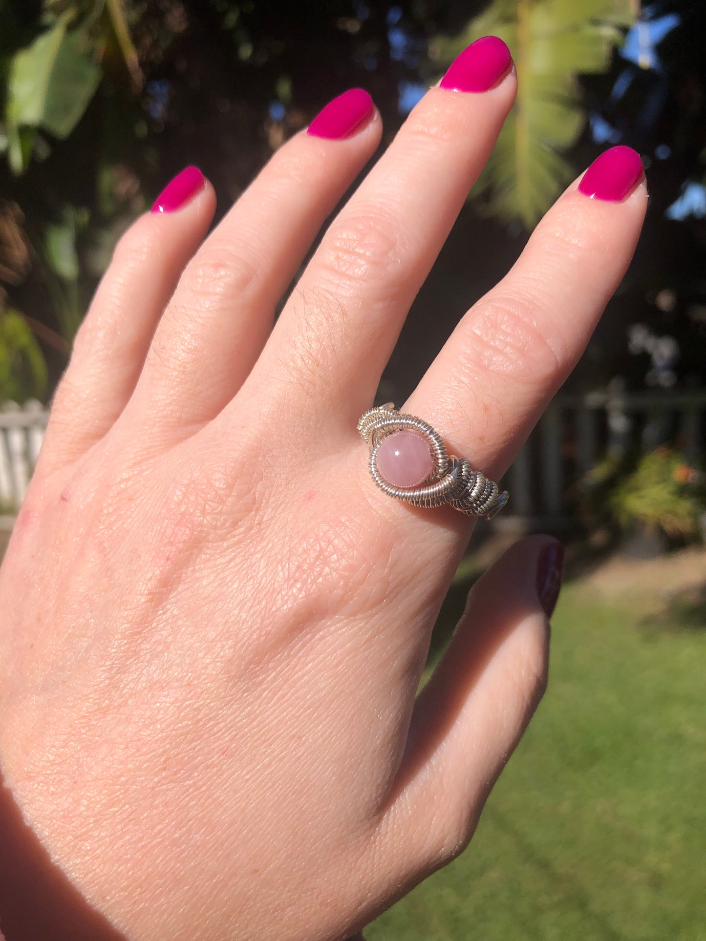 Handcrafted Rose Quartz Wire Wrapped Ring in Sterling Silver - Size 7